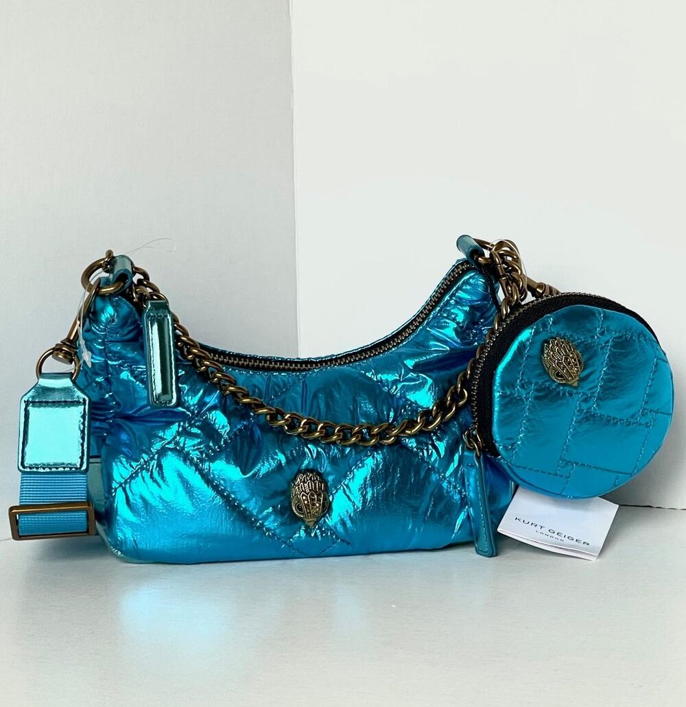 Kurt Geiger Metallic Blue Quilted Eagle Crossbody Pouch